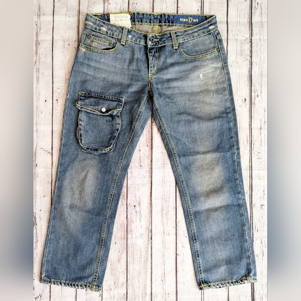 Dondup Made in Italy designer denim Crop jeans with cargo pocket neon stitching